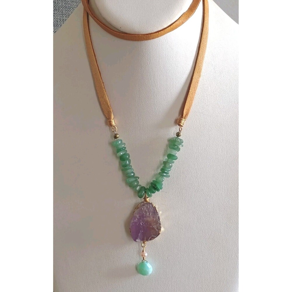 Raw Amethyst Jadeite Chalcedony Pearl On Leather Cord Necklace
